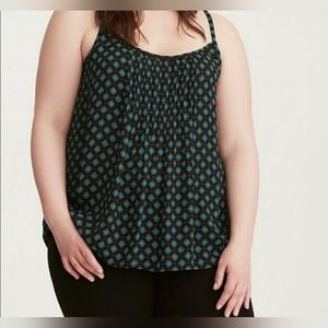 Torrid Black/Teal Geo Diamond Print Pin Tuck Georgette Cami Tank Top 1X NWT